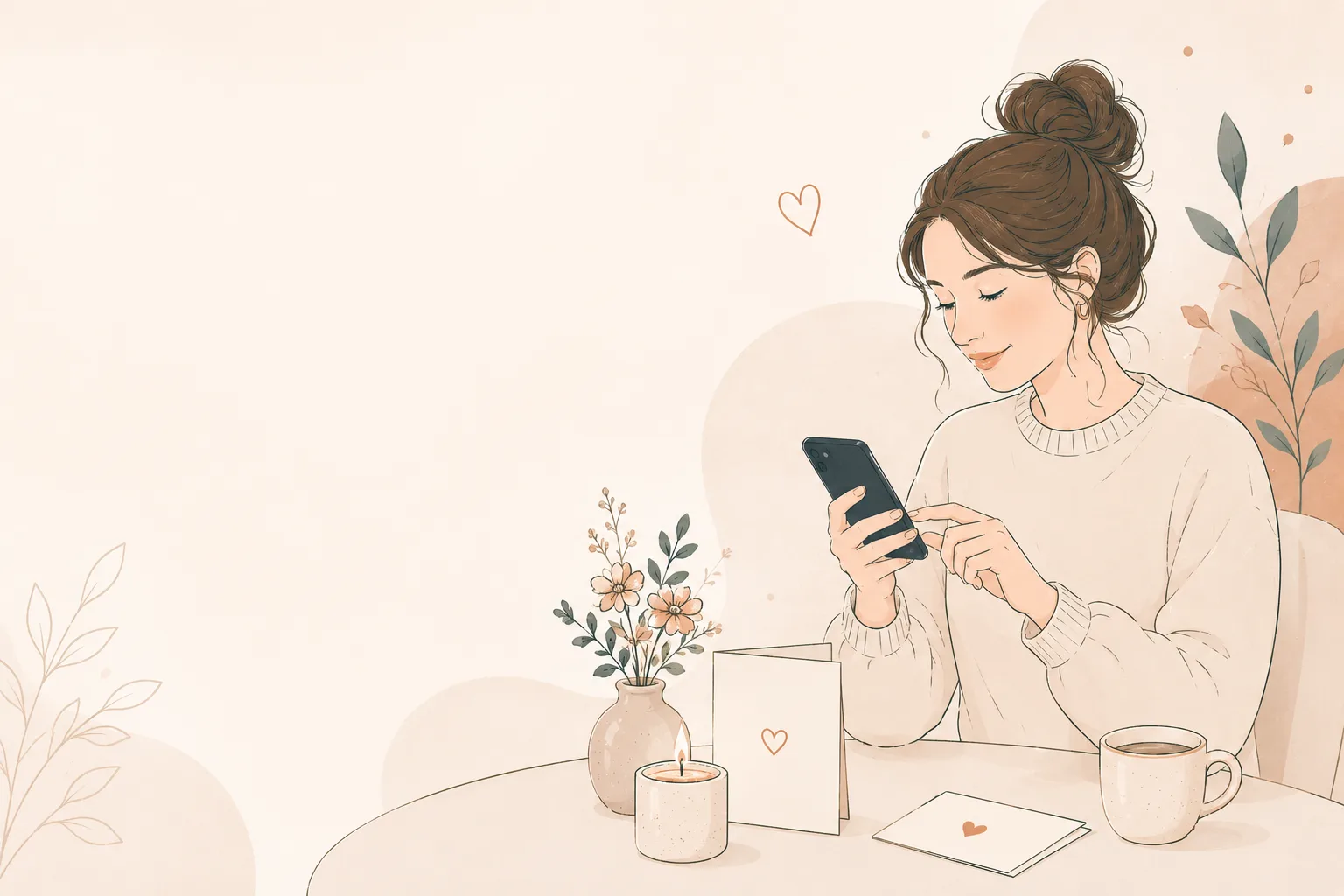 Elegant editorial birthday wishes illustration with woman sending heartfelt birthday message