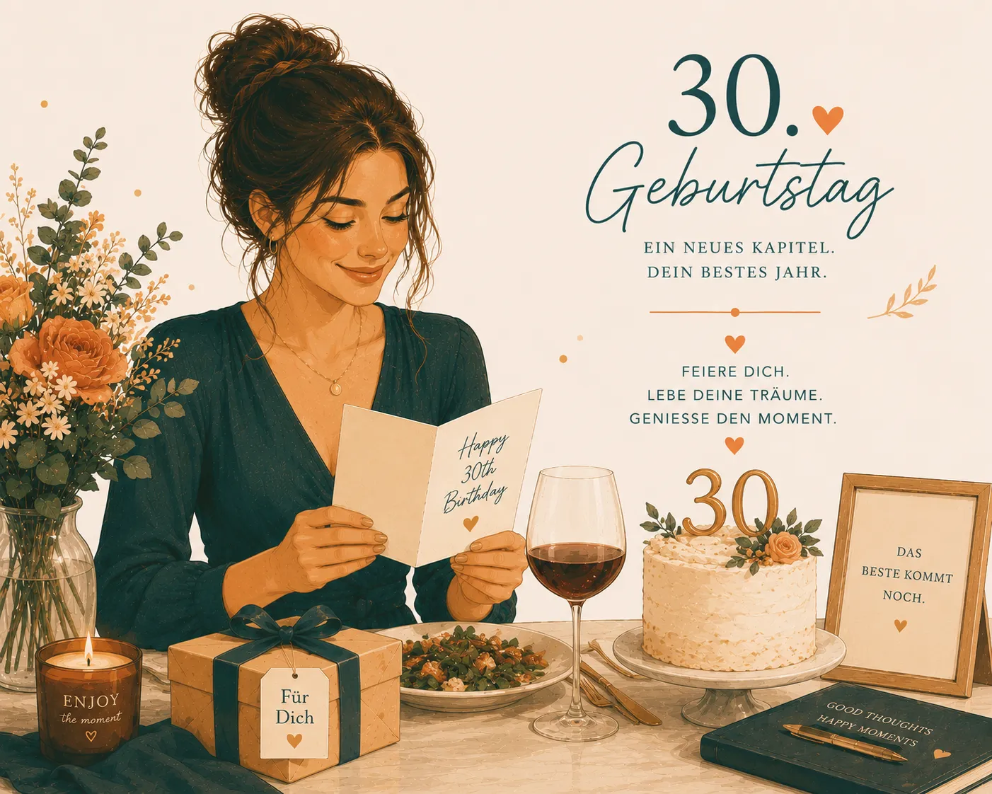 Modern editorial illustration for 30th birthday wishes