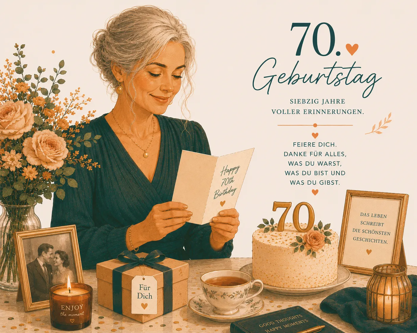 Warm editorial illustration for 70th birthday wishes